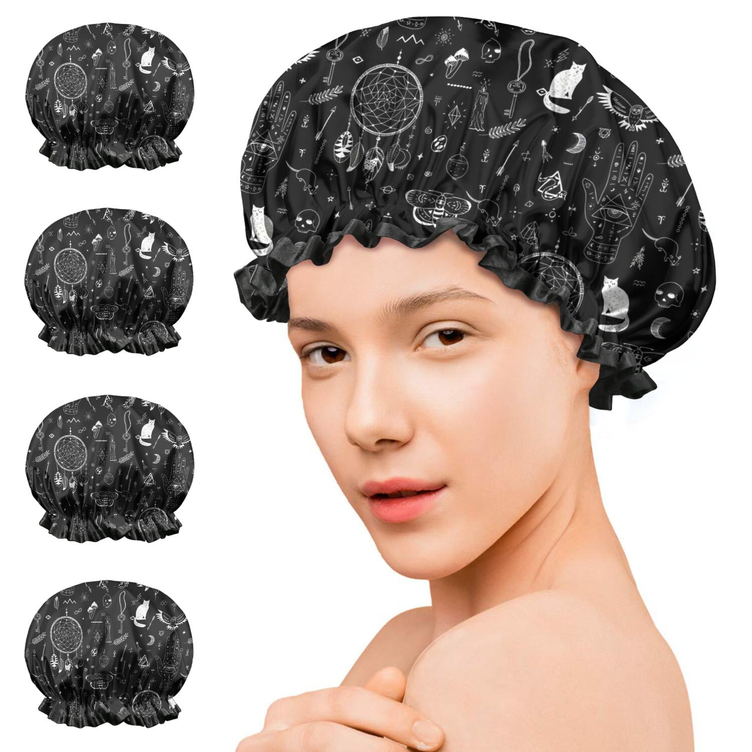 Shower Caps,Black Gothic Cat Dreamcatcher Pattern Waterproof Shower Cap for Women 4 Pieces,Double Reusable Hair Cover for Shower PEVA Elastic Stretch Hem