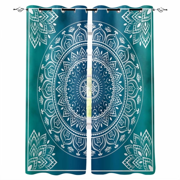 Fsddascl Teal Blue Boho Blackout Curtains for Bedroom/Living Room, Thermal Insulated Kitchen Curtains, Retro White Rustic Flower Ethnic Pattern Grommet Darkening Window Treatment Drapes 52"x63"x2
