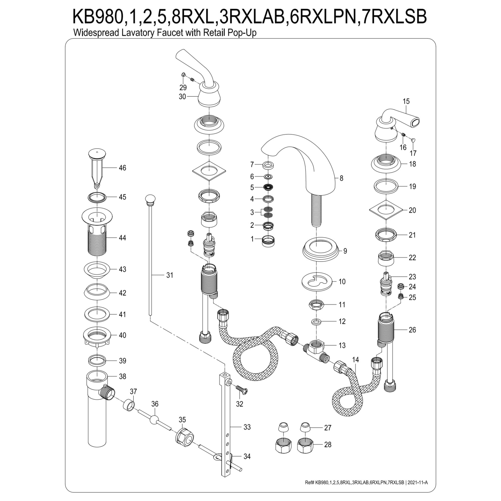 Kingston Brass KB982RXL Restoration Widespread Bathroom Faucet with Pop-Up Drain, Polished Brass