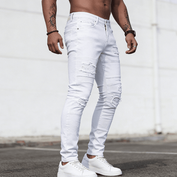 Men's White Distressed Skinny Stretch Jeans: Moto Panel Denim | Comfort Flex Fabric, Standard Sizing (30-40)