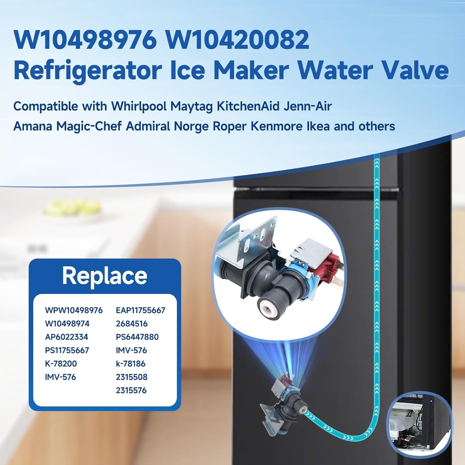 RVKXHD WPW10498976 W10498976 Refrigerator Ice Maker Water Inlet Valve Replacement Compatible with Whirlpool Maytag, K-78200 Solenoid Valve Replace W10420082 W10498974 K-78186 PS11755667 WP2315576
