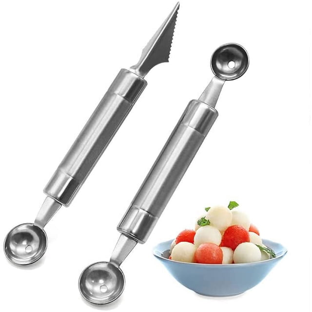 Cuchara para melón de 2 piezas, formas de cortador de frutas de acero inoxidable, herramienta multifuncional para tallar cucharas de melón para ensaladas de frutas DIY