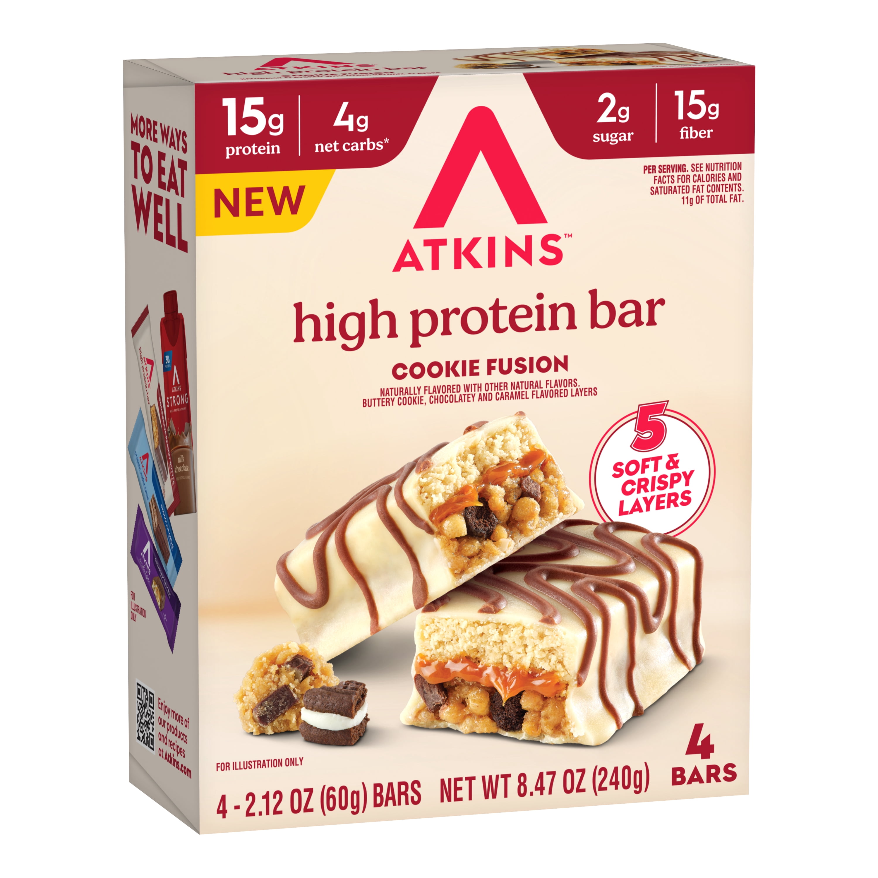 Atkins High Protein Bars, Cookie Fusion Flavor, 15g of Protein, 4g Net Carbs, Keto Protein Bars, Low Sugar, 4 Count