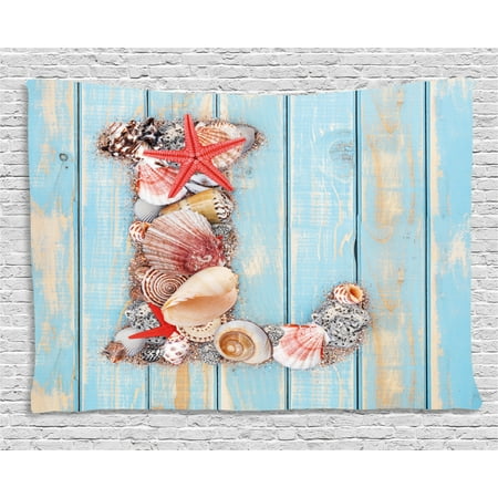 Ocean Themed Home Decor Letter L Tapestry, Ocean Inspired Theme Alphabet Design Letter L with Marine Elements, Wall Hanging for Bedroom Living Room Dorm Decor, 60W X 40L Inches, Pale Blue Ivory Dark Coral, by Ambesonne ()
