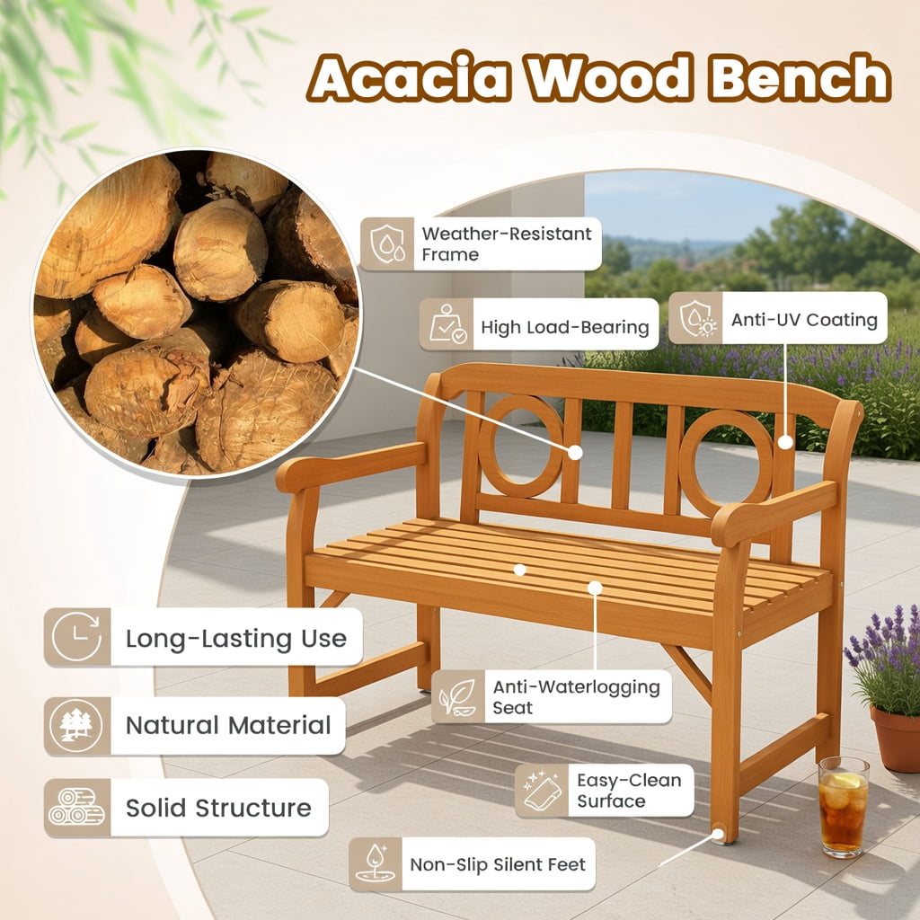 Hommoo Acacia Wood Outdoor Loveseat for 2, Sturdy Patio Bench with Backrest & Armrests, Natural
