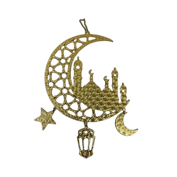 Eid Mubarak Door Sign Wooden Hanging Signs, Ramadan Kareem Hollow Ornament Decorations Moon and Stars, Moon Shape Ramadan Mubarak Party Wood Wall Hanger for Home Decor