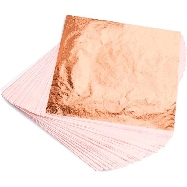 Láminas de cobre - 100 hojas de cobre auténtico de 14 x 14 cm, hoja de oro rosa metalizada para manualidades, bricolaje, pinturas, dorado, muebles, maquillaje y manicura.