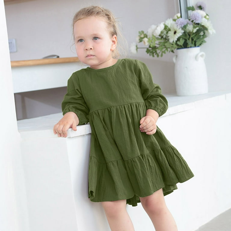 JDEFEG Toddler Dress with Bow Toddler Kids Baby Girl Dress Linen Long Sleeve  Solid Color Casual Dresses Soft and Warm Dress Clothes Suit Toddler Pretty  Dress Linen Army Green 100 
