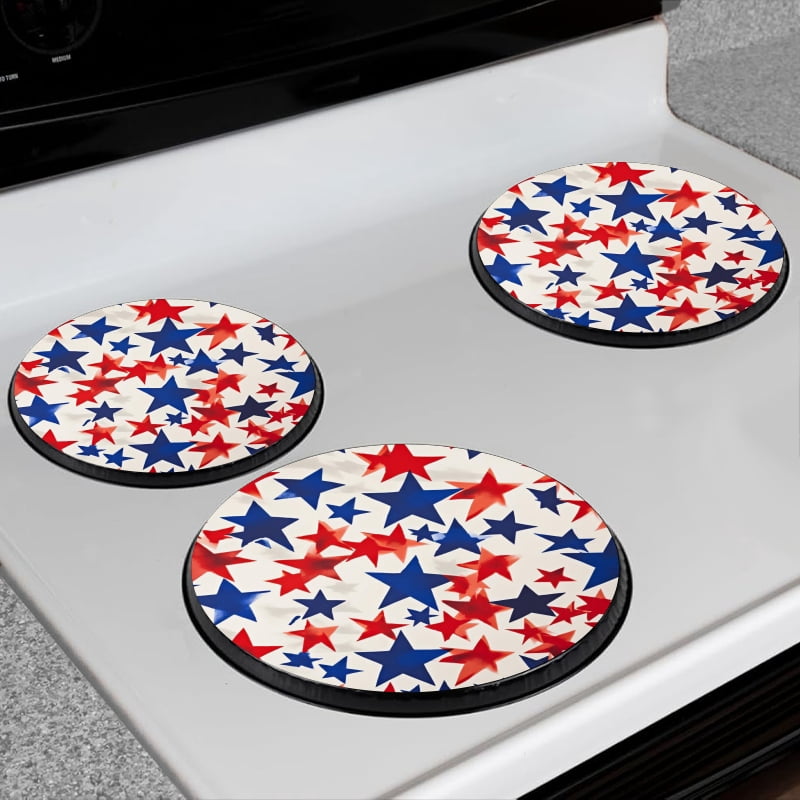 Bahomeck Electric Stove Burner Covers Set Of 4,Pattern Of Red And Blue Stars Metal Gas Stove Burner Covers,Protecting Gas Stoves,8 Inch And 10 Inch