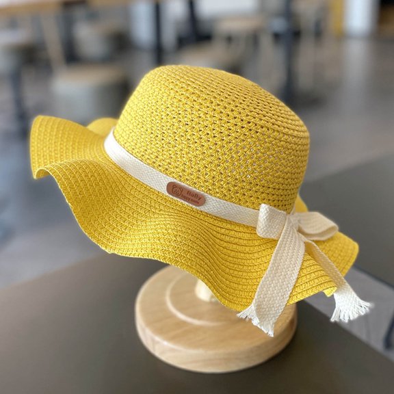 Children's Girls Sunscreen Hat Summer Bow Sun Hat Straw Hat Braided Hat Beach Hat Sun Visor Fisherman's Hat Cozy Yellow - 52