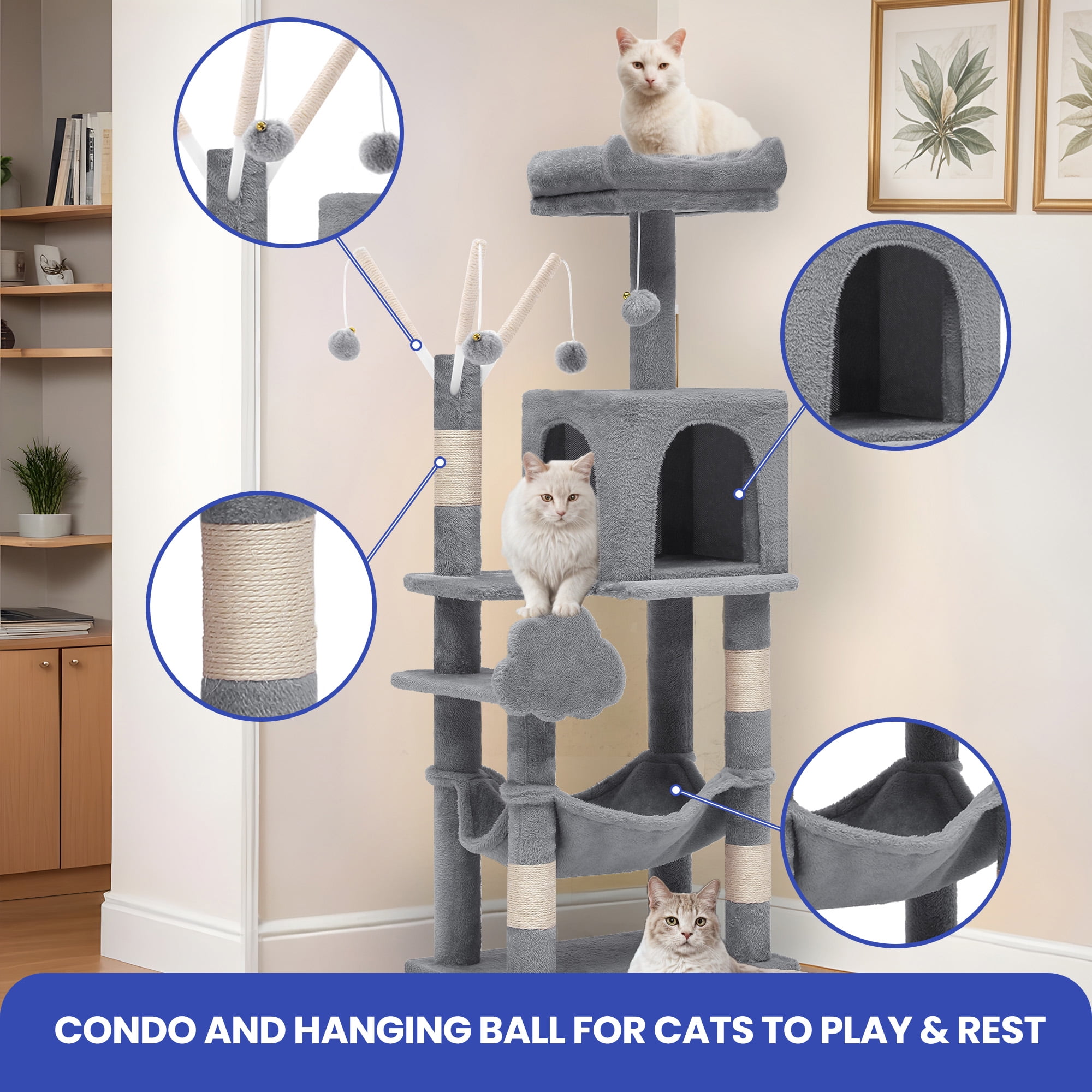 Uforic Cat Tree Tower 44" Multi-Level Cat Condo with Scratch Posts&Hammock for indoor Small Cats, Light Gray