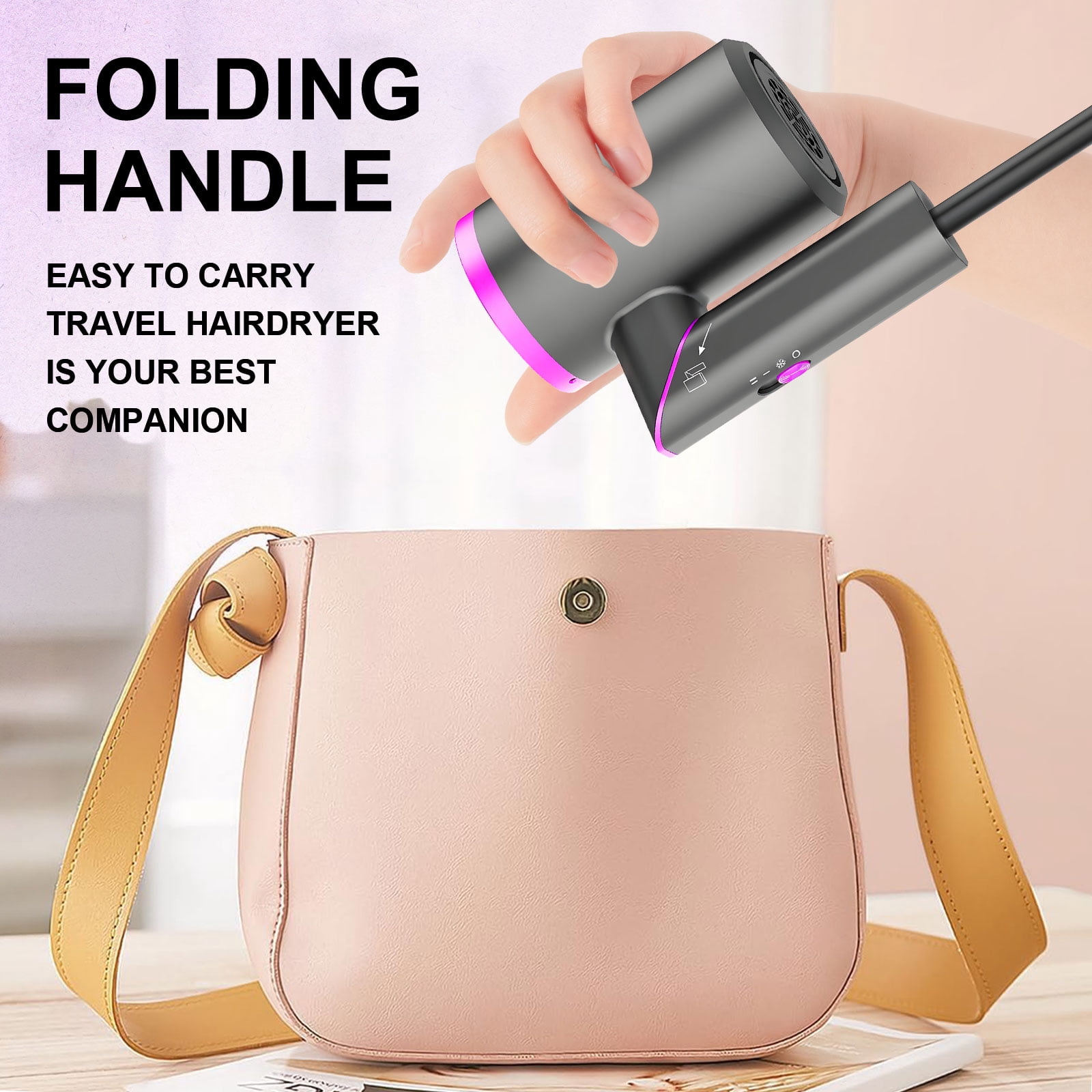 Hair Dryer with Diffuser, 1800W Professional Ionic Blow Dryer, Fast-Drying Hair Dryer with Foldable Handle, Nozzle for Home, Salon, Travel, Light Gray