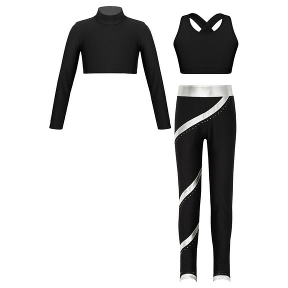 YEAHDOR Kids Girls Sports Outfit Long Sleeve Crop Top with Vest Metallic Striped Pants Fitness Gym Suit Black&Silver 16