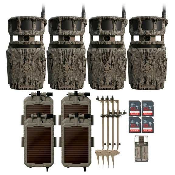 Stealth Cam Revolver 40MP Pro 360-Degree Cellular Trail Camera (4-Pack) Bundle with Mounting Post (4-Pack), Solar Power Panel (4-Pack), 32GB Memory Card (4-Pack), and SD Card Reader (17 Items)