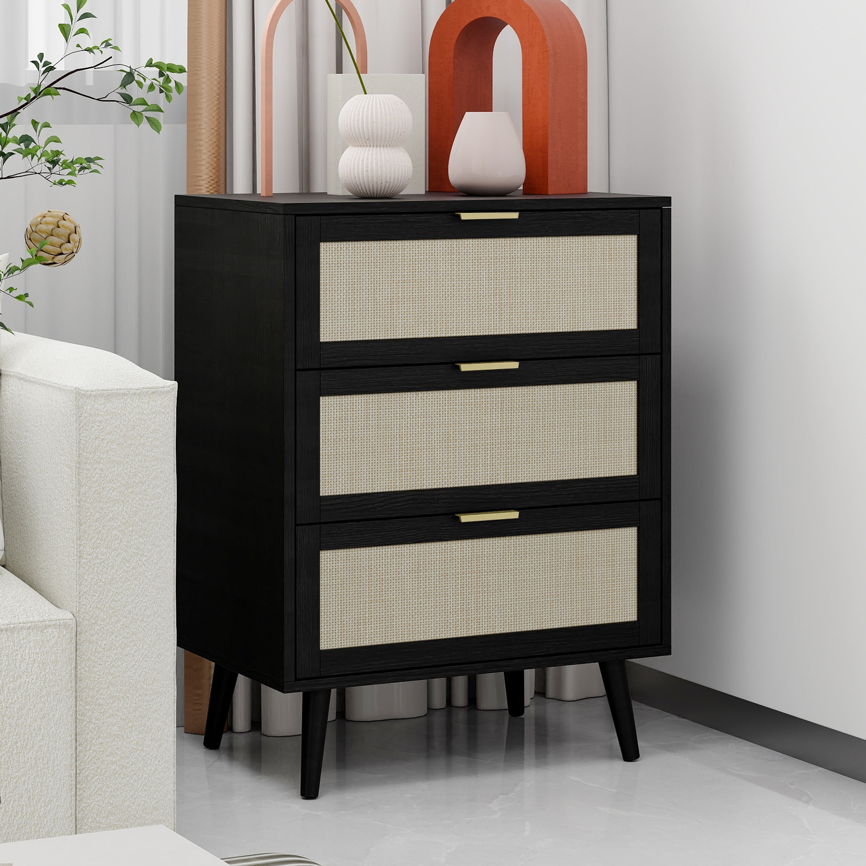 Aukfa 3 Drawer Tall Dresser Nightstand with Rattan Storage Drawer for Bedroom Living Room, Black