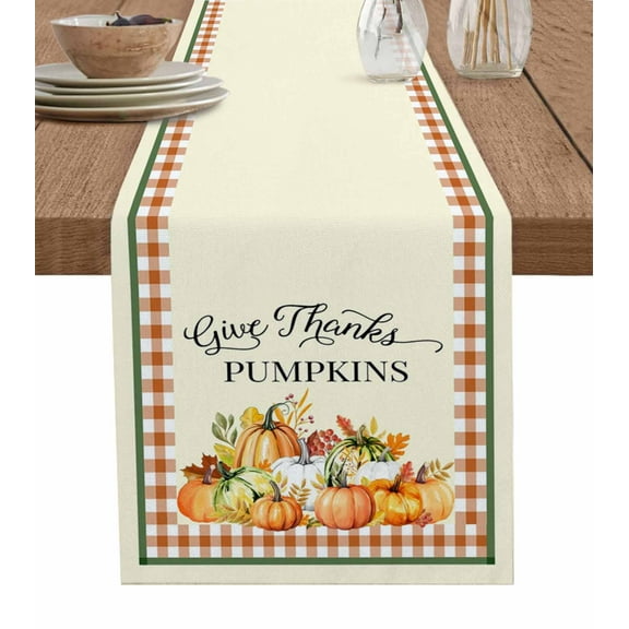 Vintage Thanksgiving Burlap Cotton Table Runner 18x72 Inches Long, Fall Orange Pumpkins Beige Retro Farmhouse Table Runners, Outdoor Dining Tablecloths Decor for Baby Shower/Party/Wedding