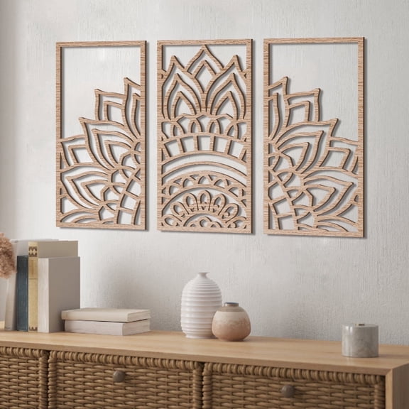  Mandala Wood Wall Decor, Lotus Flower Wall Decor, Minimalist Zen Garden Bohemian Artwork for Living Room, Bedroom, Office and Yoga Room Hanging Decor (8" x 16")