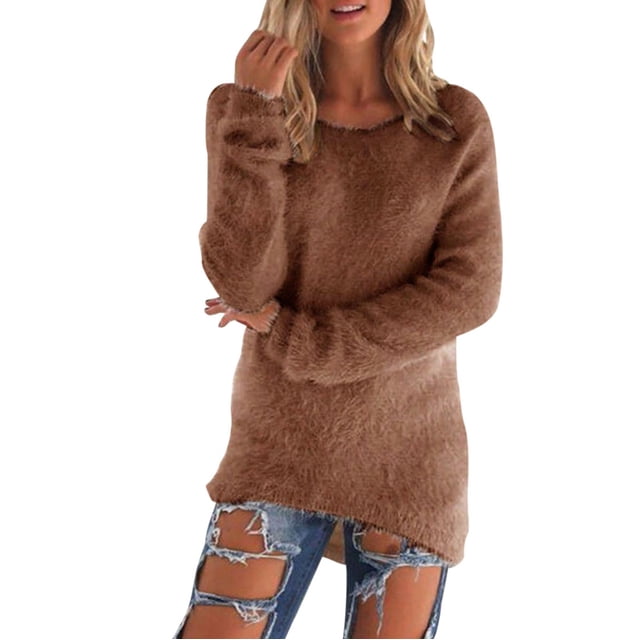 Timegard Womens Tops Long Sleeve Round Neck Solid Color Warm Pullover Fall Winter Casual Loose Tops