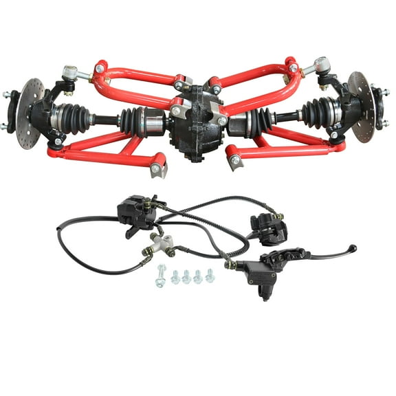 35.6" Wide Front Drive Set CV Axle Shaft Assembly & Differential Gearbox & Front Suspension Swing Arm Swingarm Kit & Steering Spindle for DIY 4WD ATV UTV Quad Go Kart Golf Cart Buggy