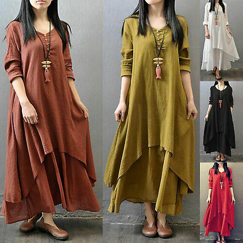 Mujer Casual Kaftan Túnica Gypsy Maxi Vestido Boho Algodón Lino Vestido de manga larga