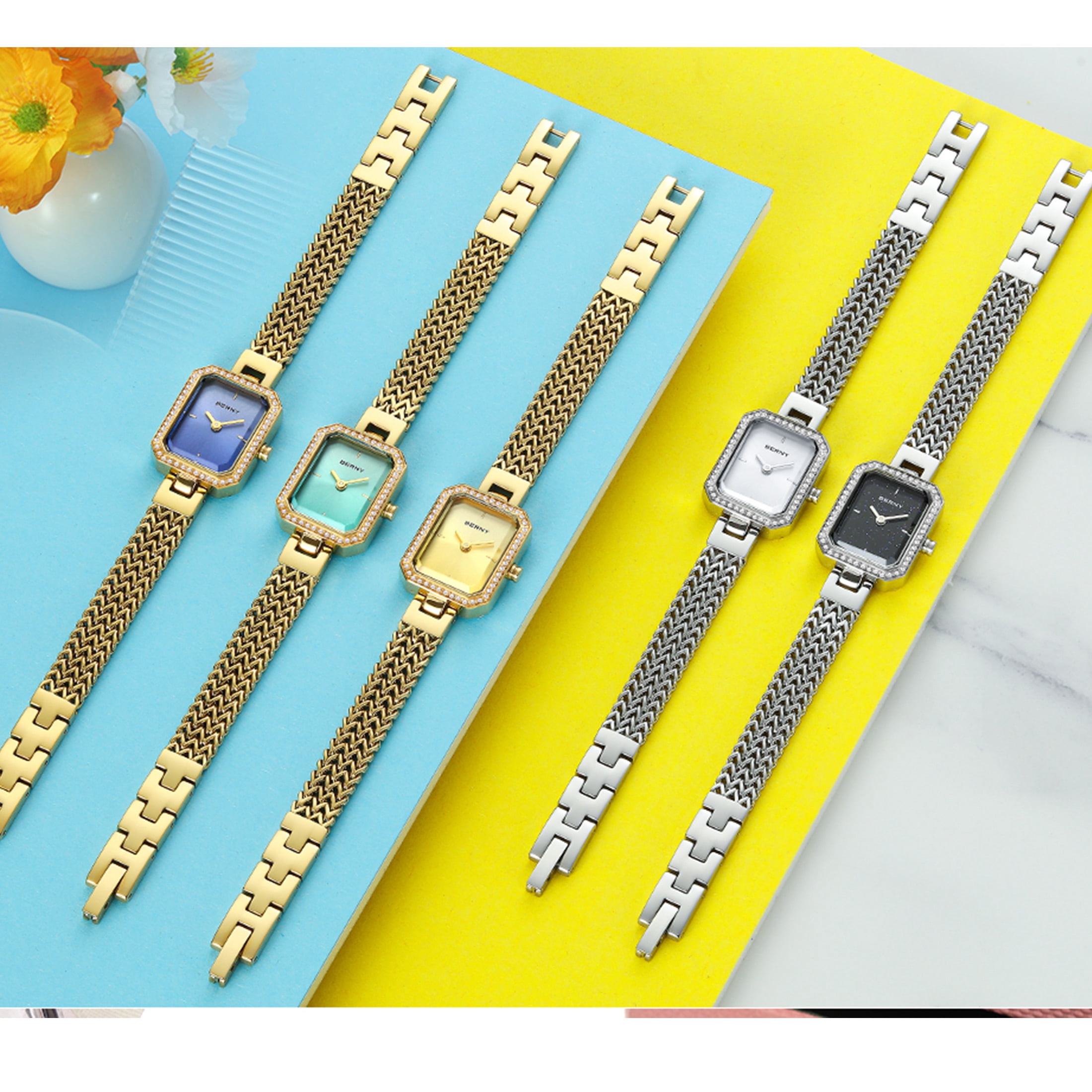 BERNY Silver Watches for Women, Dainty Rectangle Ladies Quartz Wrist Watch with Stainless Steel Bracelet Band, Waterproof Fashion Analog Women Watch Luxury Gift, Silver