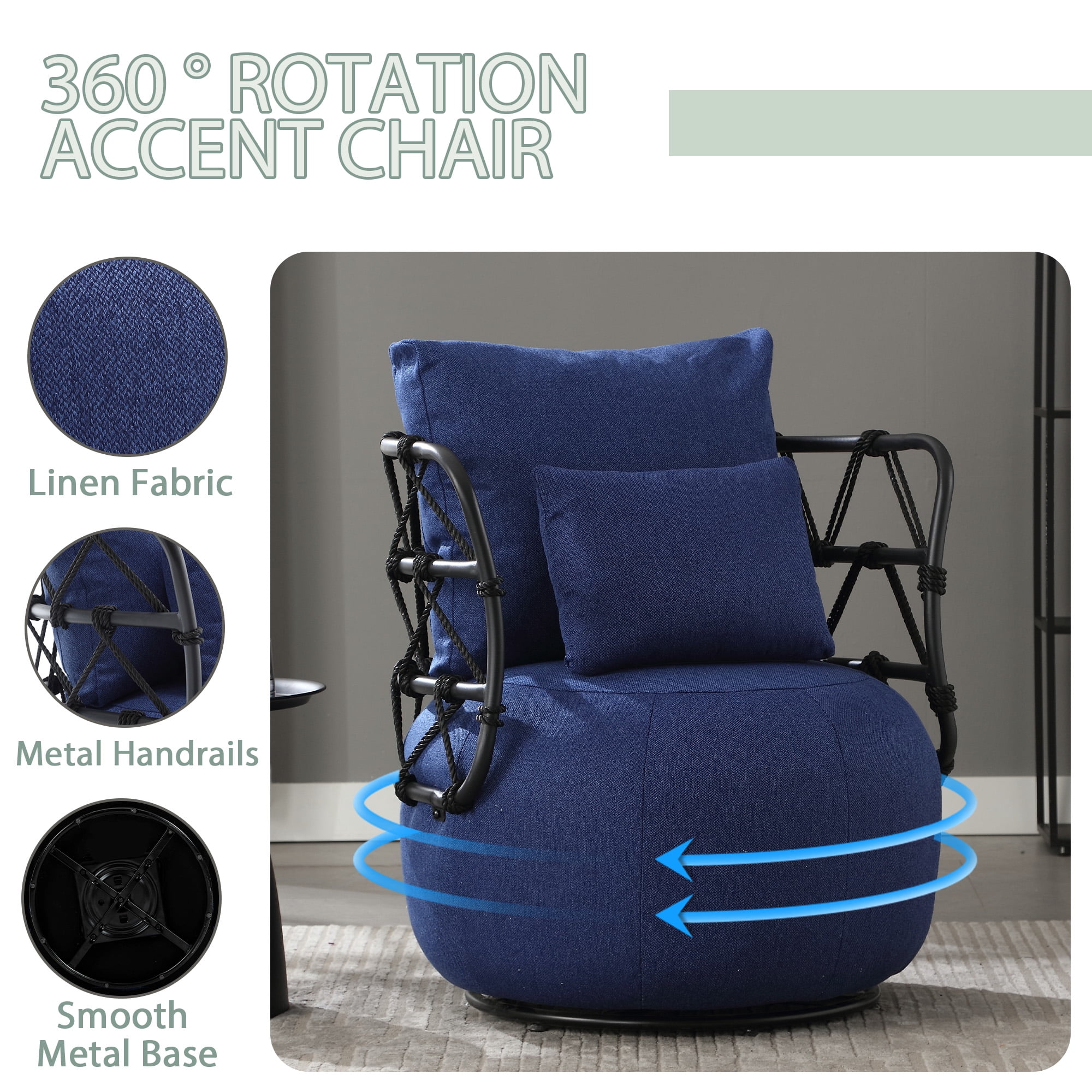 MOONMISS Textured Linen Fabric Upholstered Tufted Accent Chair with Metal Stand-Navy Blue