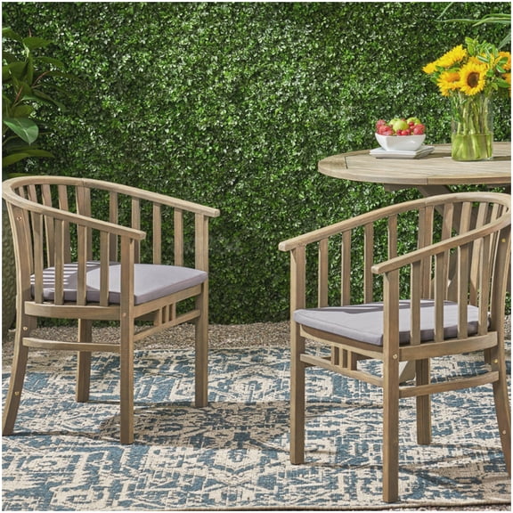 Gray Acacia Wood Patio Chairs (Set of 2) with Waterproof Cushions, Outdoor Armchair Dining Set