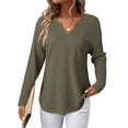 thumbnail image 2 of Womens Tops Waffle Knit Long Sleeve Notched V Neck Shirts Casual Trendy Solid Color Loose Blouses Army Green L, 2 of 8