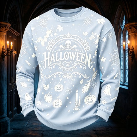 Halloween Sweatshirt Mens Fall Leaves Skull Long Sleeve Spooky Sweatshirt Pumpkin Skeleton Crew Neck Horror Lightweight Sweatshirts, 4XL