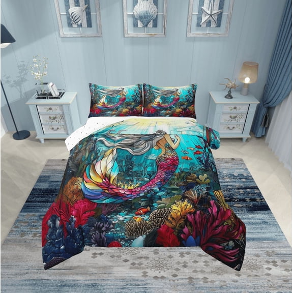 Erosebridal Princess Mermaid Bedding Twin Comforter Set,Marine Animal Down Comforter,Ocean Theme Decor,Reversible,Lightweight,2-Piece