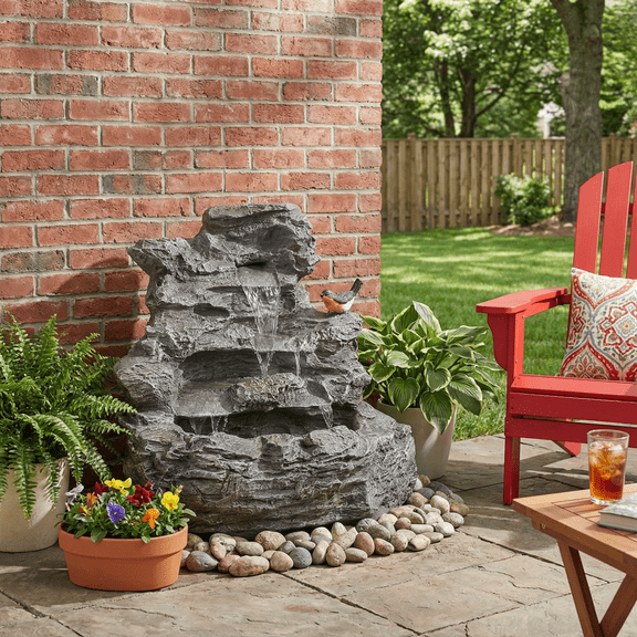 Toauuo 4-Tiered Concrete Rock Waterfall Fountain 20.8"H, Outdoor Garden Decor with LED Lights, Weather-Resistant, Soothing Water Sound, Freestanding Patio Fountain