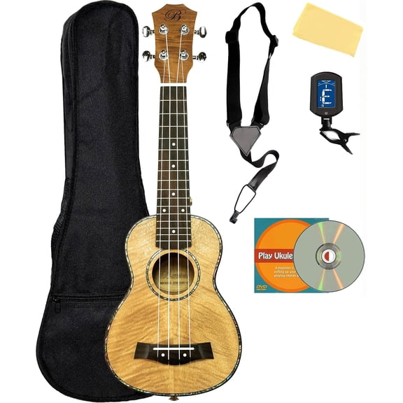 Barcelona Oguman Wood Soprano Ukulele Bundle with Gig Bag, Tuner, Strap, Austin Bazaar Instructional DVD, and Polishing Cloth