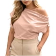 thumbnail image 2 of SROBPTY Womens T-Shirts Solid Crew Neck Short Sleeve Off Shoulder Asymmetrical Loose Breathable Summer Tops for Daily Wear, 2 of 4