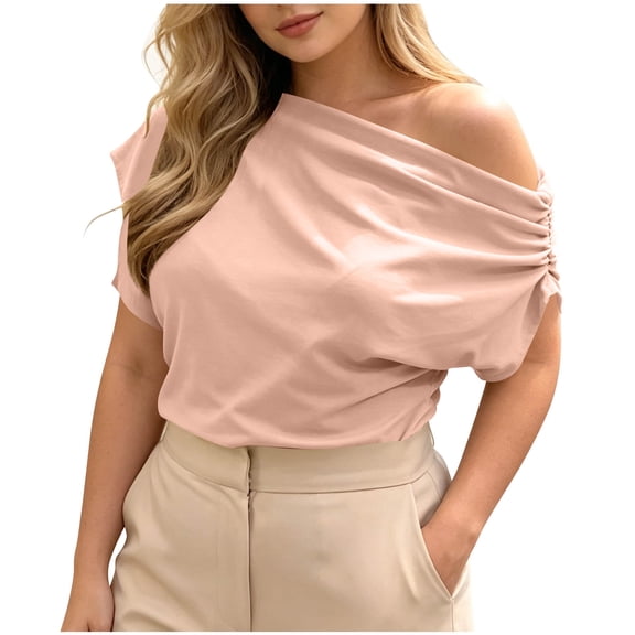 Zekutng Summer Tops for Women Off Shoulder Asymmetrical Neck Short Sleeve T-Shirt Casual Loose Summer Top,Sizes M-2XL