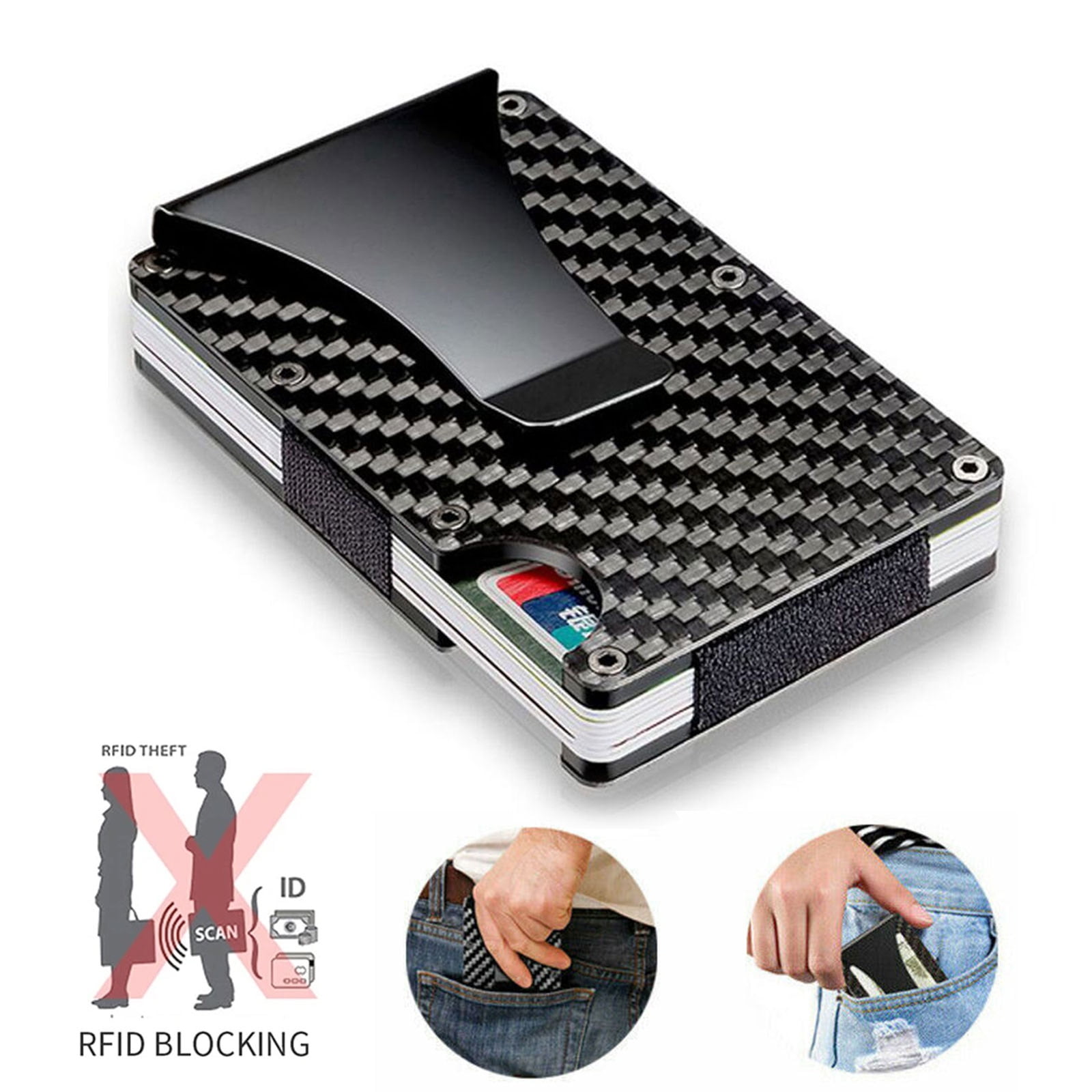 Real Carbon Fiber Mini Money Clip Credit Card Sleeve Id Holder With Rfid Anti-Thief Card Wallet,Red 