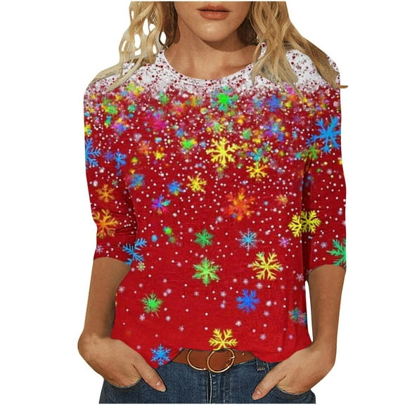 LiMoi Women's Christmas Party Top with 3/4 Sleeve Round Neck and Sparkling Christmas Design Tees Tshirts Shirts Blouse My Items