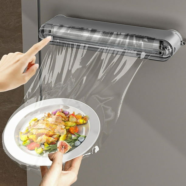 Dispensador de envoltura de plástico con cortador | Soporte de papel de aluminio y film adherente | Organizador de cocina recargable magnético | Material ABS | Blanco, Gris, Beige | 16 pulgadas |