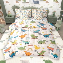 Castle Fairy Cartoon Dino 7-Piece Twin Bedding Sets for Child Preppy,Rainbow Dinosaur Bedding Comforter Set,Kawaii Animal Breathable Sheet Sets,Luxury Bedroom Decor