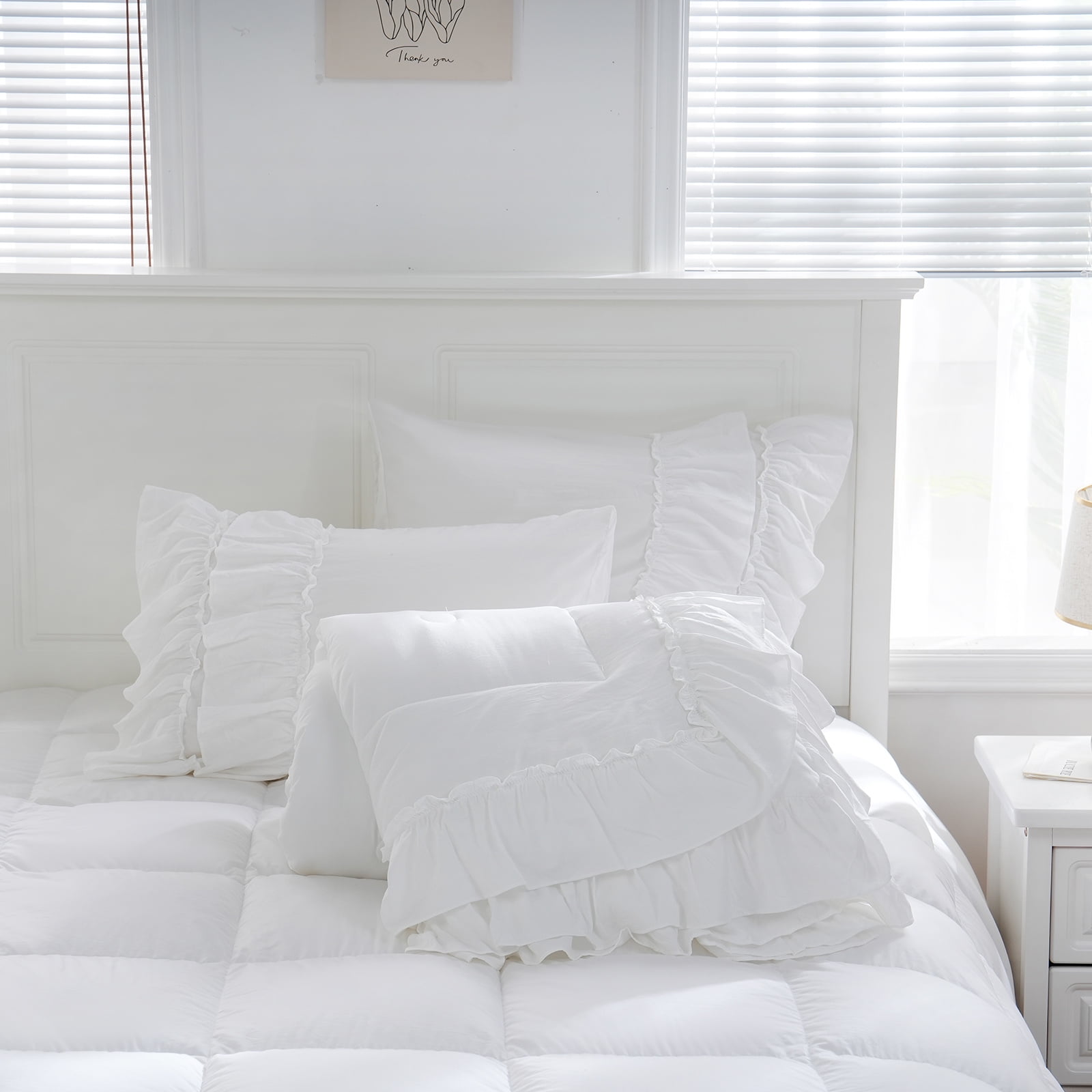 Move Over White Ruffle Comforter Set Queen Boho Bedding Sets 2 Layers White Long Ruffled Pattern Microfiber Filling Farmhouse Duvet