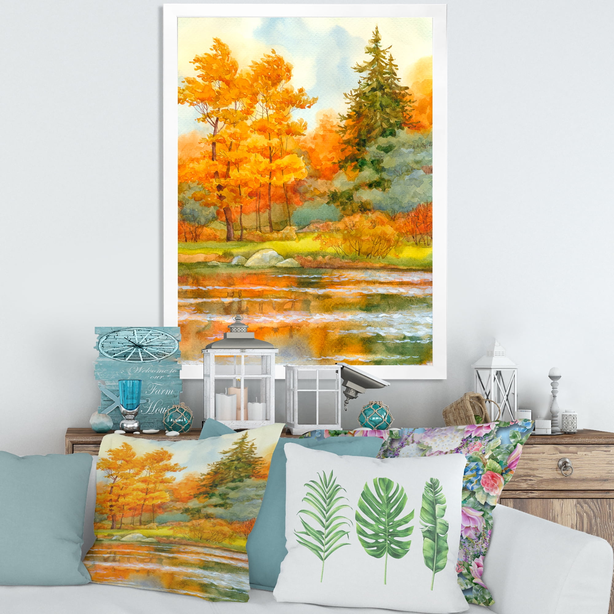 Designart 'Autumn Forest By The Lake Side IV' Lake House Framed Art Print