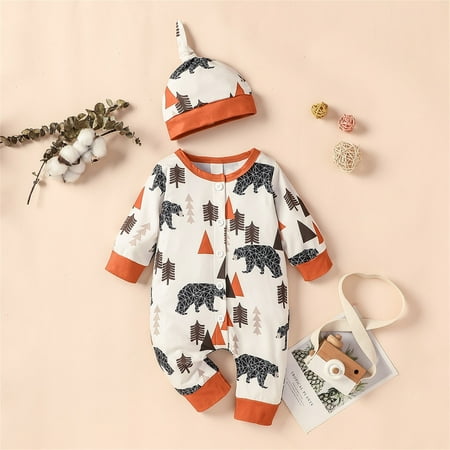 

Hunpta Autumn Newborn Infant Baby Boys Cute Romper Cartoon Printing Long Sleeve Jumpsuits Hat Outfits Clothes Set