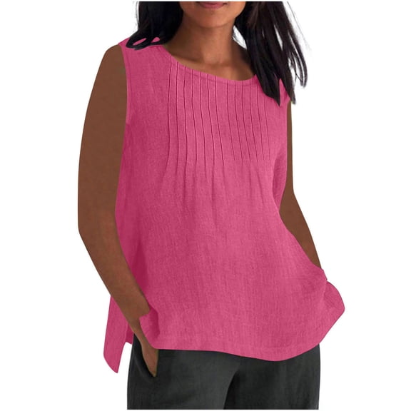 Admvng Womens Linen Tank Tops Plus Size Summer Pleated Sleeveless Round Neck Comfy Blouse