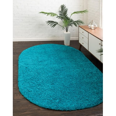 Rugs.com Solid Shag Collection Rug – 8' x 10' Oval Turquoise Shag Rug Perfect For Living Rooms, Large Dining Rooms, Open Floorplans