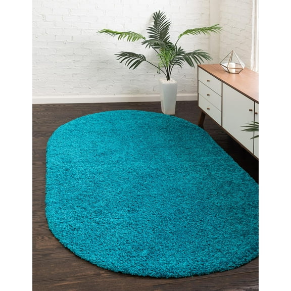 Rugs.com Solid Shag Collection Rug – 8' x 10' Oval Turquoise Shag Rug Perfect For Living Rooms, Large Dining Rooms, Open Floorplans