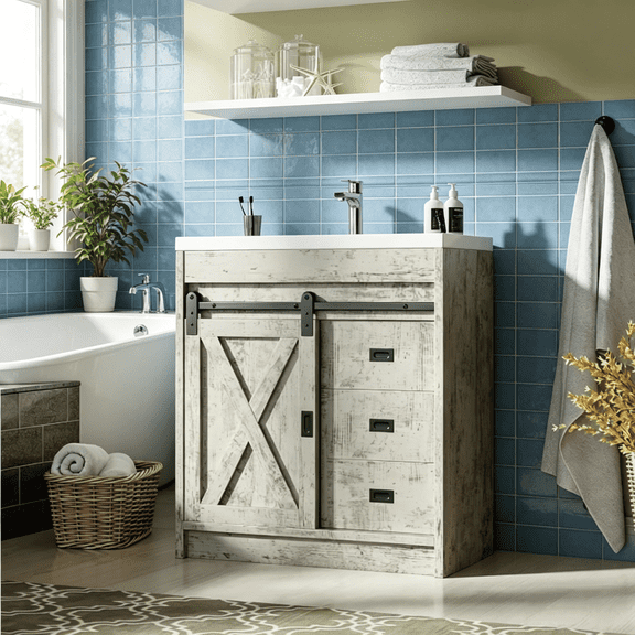 DreamCurship Bathroom Vanity with Sink Combo, Bathroom Storage Cabinet with Drawers, Farmhouse Bathroom Vanity Cabinet with Sliding Barn Doors, Gray