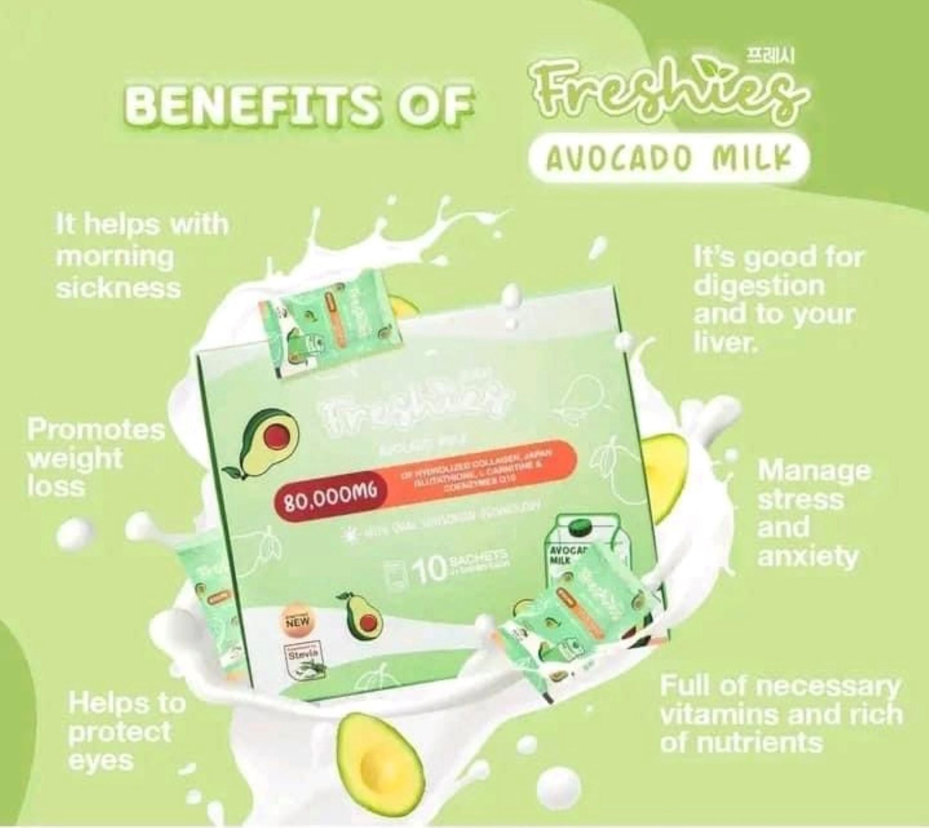Freshies Avocado Milk Collagen Drink by Juju Glow, 10 Sachets