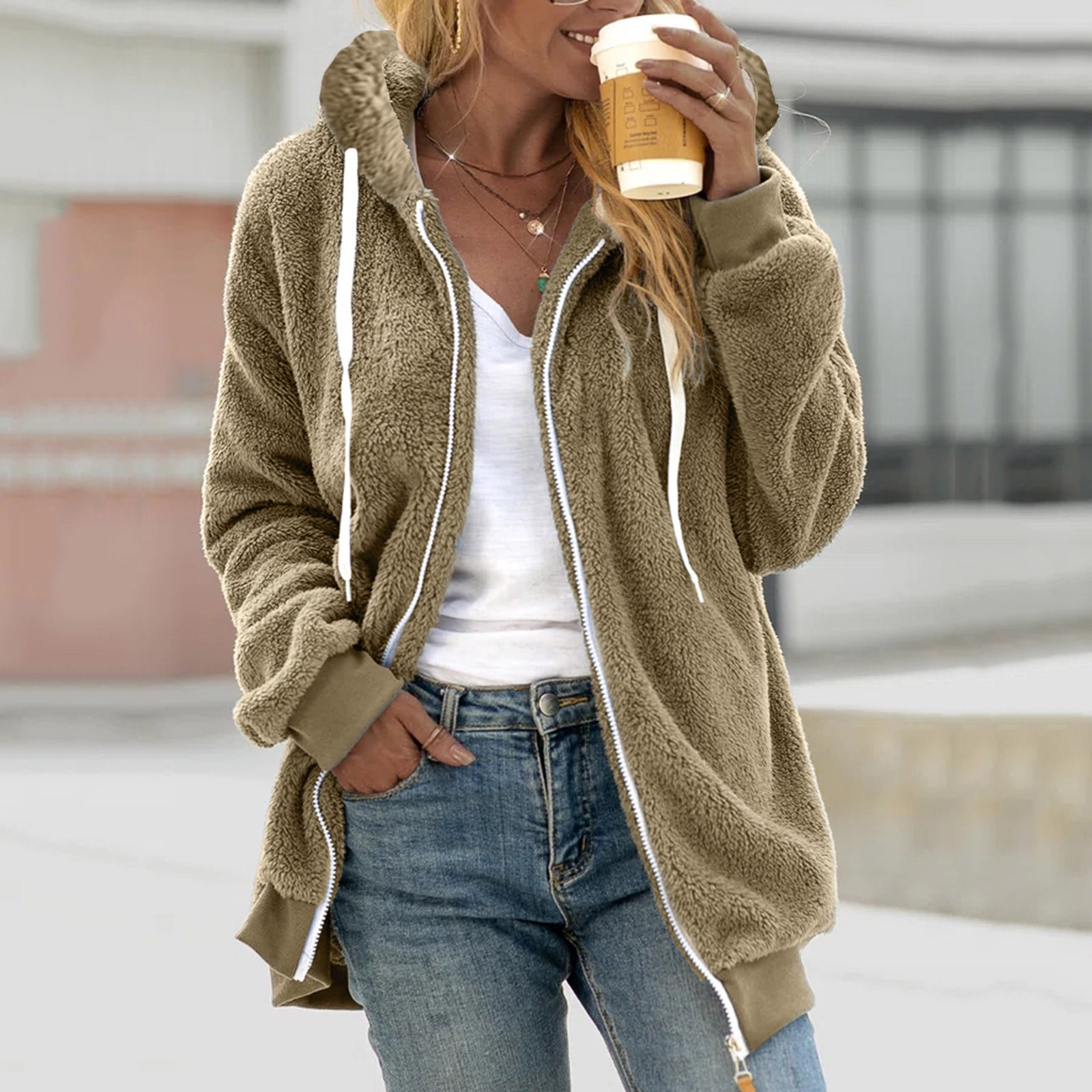 nsendm Womens Coat Adulte Female Vetements Veste Souple Femmes Grande Taille pour Femme la Taille Chandail Couleur Unie Pull a Capuche Chaud Veste de Course Womens avec Kaki Taille L Walmart