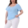 thumbnail image 4 of Tops de mujer de tallas grandes Agnes Orinda con contraste, nudo en la parte delantera, escote cuadrado, mangas cortas, camisetas informales, blusas 3X color azul cielo, 4 of 6