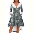 thumbnail image 5 of Christmas Dresses for Women Women's Fashion V-neck Casual Fit Christmas Print Party Long Sleeve Dress with Fur for Festive Occasion,Gray,M, 5 of 6