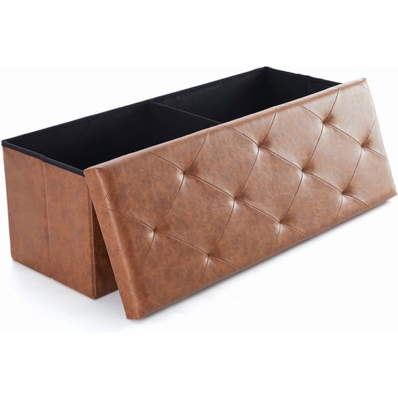 43 Inches Folding Ottoman with Storage Bench, Foot Rest Stool, End of Bed Bench Upholstered, Load 660 lbs, for Living Room, Synthetic Leather, Brown